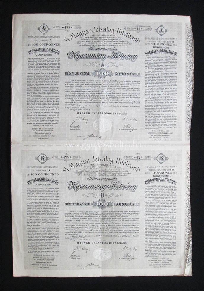 Magyar Jelzlog-Hitelbank nyeremny-ktvny 100 korona 1906 A-B